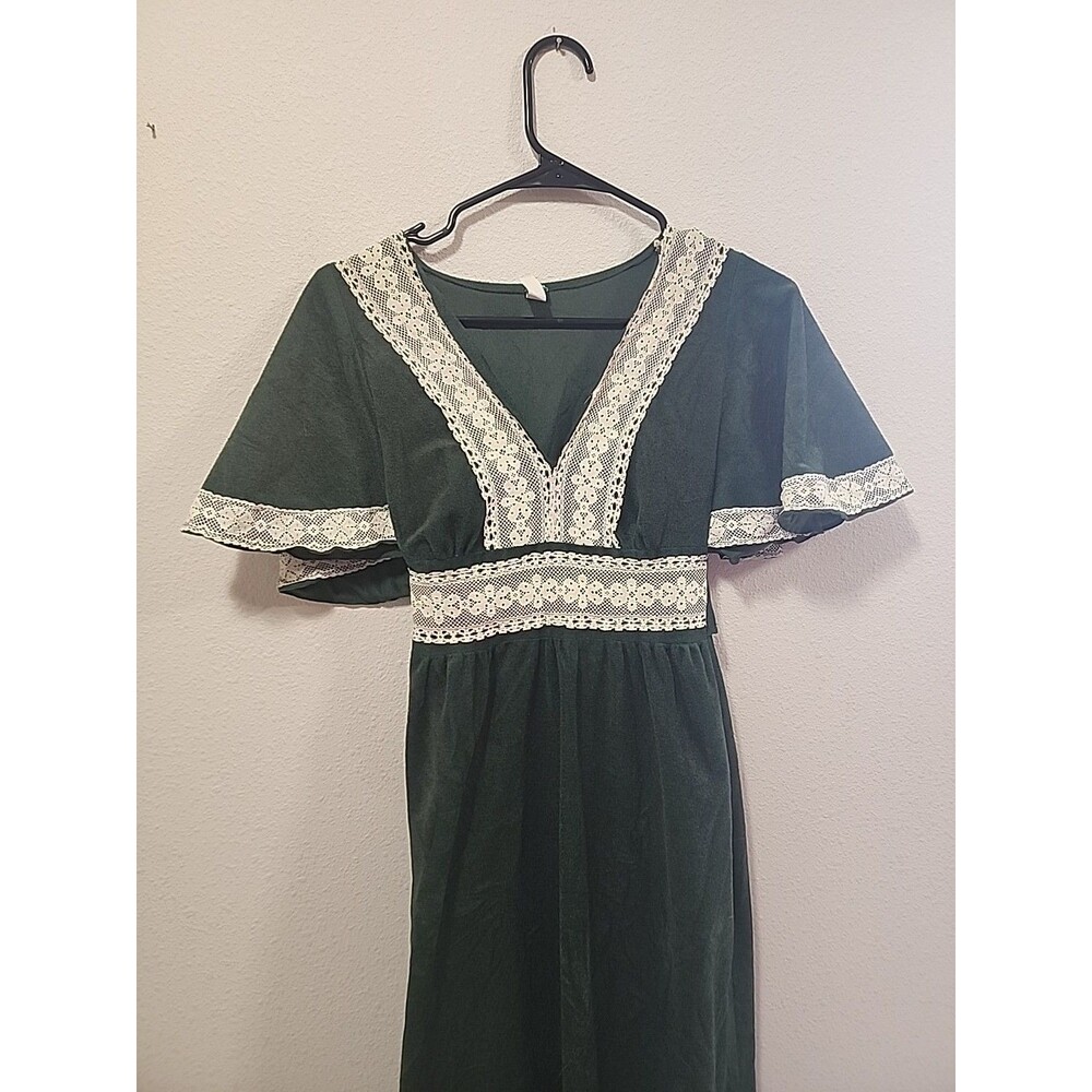 Vintage 70s Boho Green Floral lace trim Maxi Dress Boho Cottage Whimsy Sz M - Picture 8 of 8